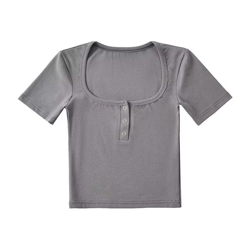 Women's Button Front Short Sleeve Crop T-shirt Casual Loose Fit Top in Various Colors