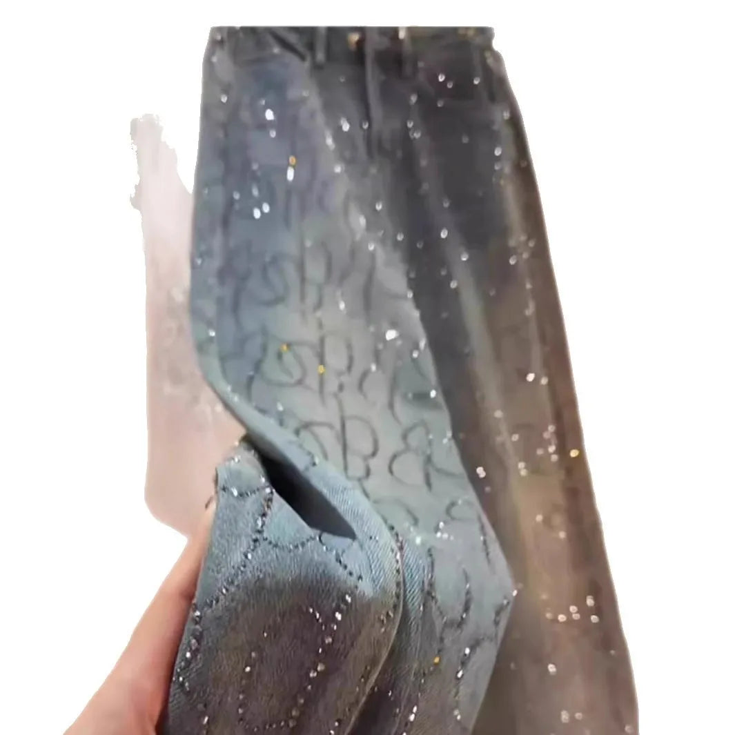 Women's Jeans 2025 New Style Heavy Industry High-end Versatile High-waisted Slim Straight Pants Blue Two-color Hot Diamond Jeans