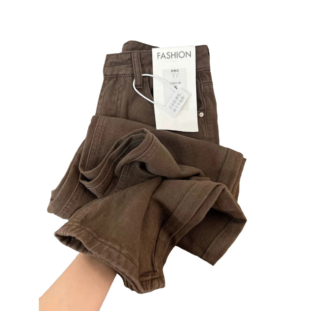 American Retro Brown Denim Trousers for Women Casual Solid Wide Leg Straight Long Jeans Daily All-Matched Commute Pants