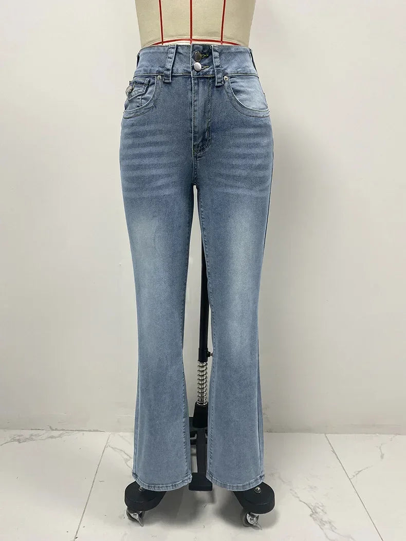 Jeans Pencil Pants Women Vintage Denims Mid Waist Strecth Pockets Buttons Washed Distressed 2025 Streetwear Straight Trousers