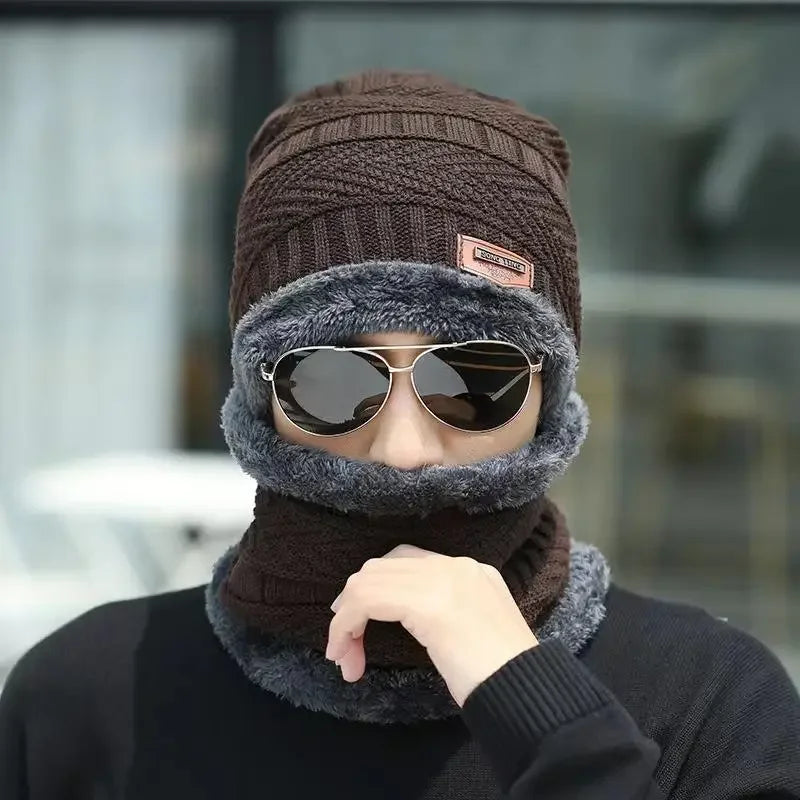 Fashion Men Knitted Hat Scarf Caps Neck Warmer Winter Hats for Men Skullies Beanies Warm Fleece Cap