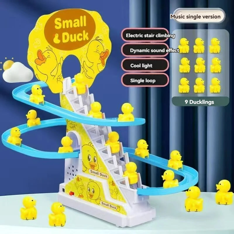 Electric Duck Climbing Stairs Toy Duck Track Racing Slide Music Roller Coaster Toys Children Gift Electronic Pets for Boys Girls