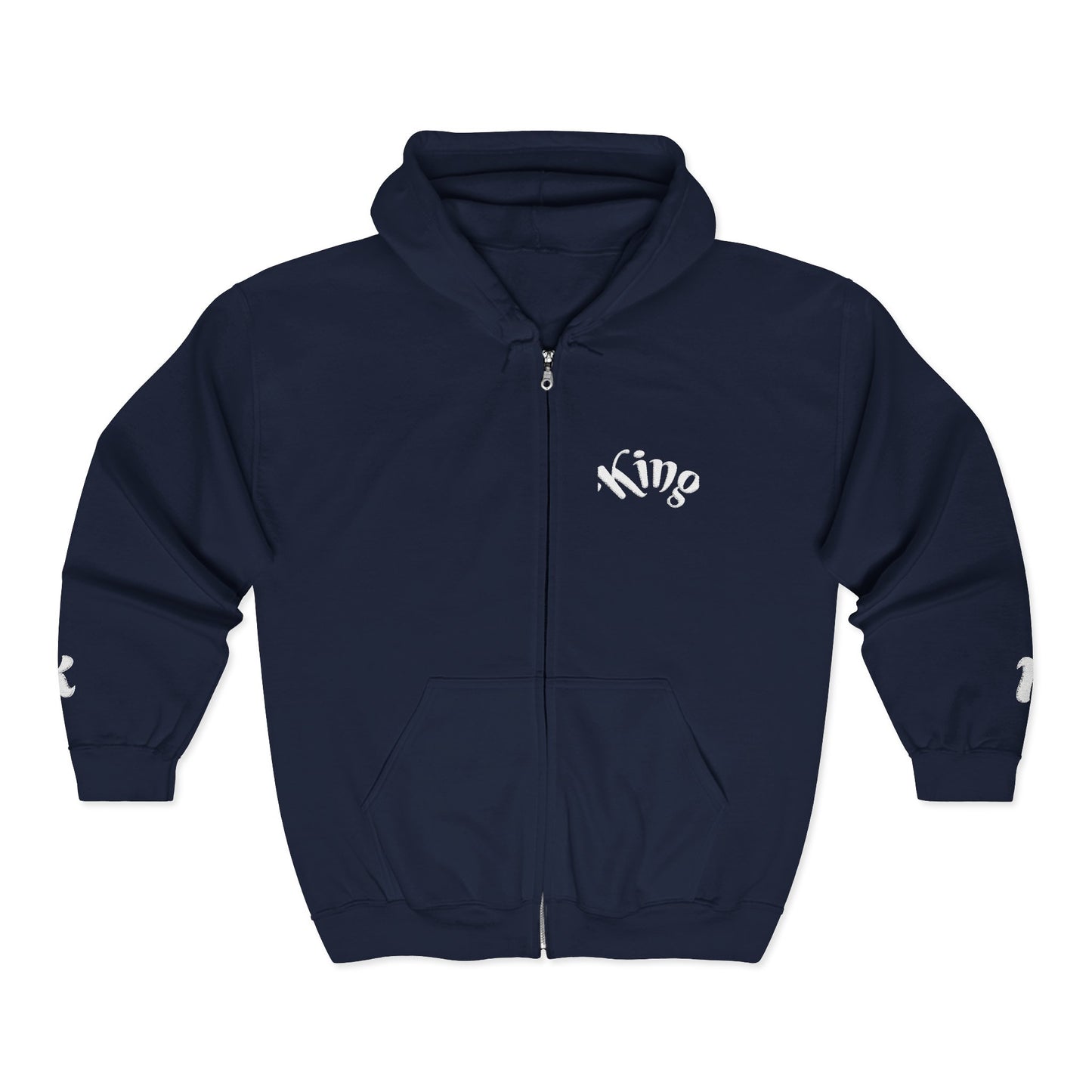 Reborn King Zip Hoodie — Gothic Script Full‑Zip Hooded Sweatshirt