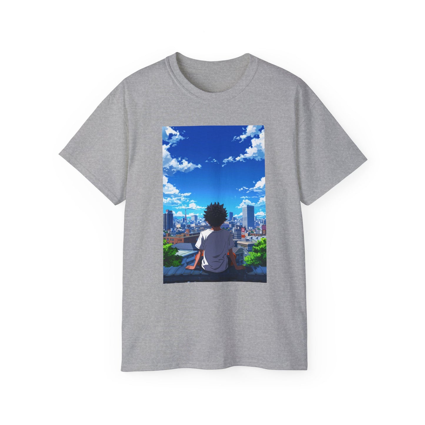 Anime Cityscape Tee — Boy Gazing at Blue Sky Graphic T-Shirt