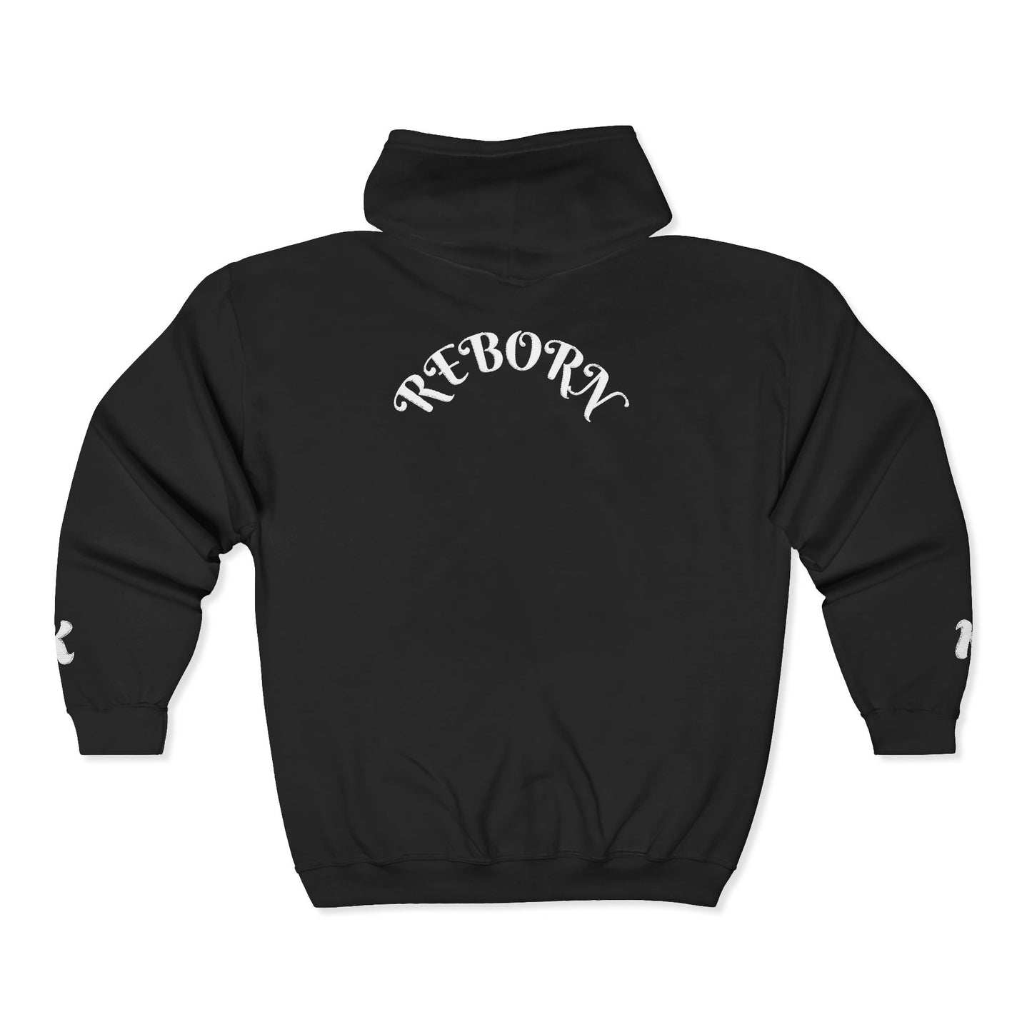 Reborn King Zip Hoodie — Gothic Script Full‑Zip Hooded Sweatshirt