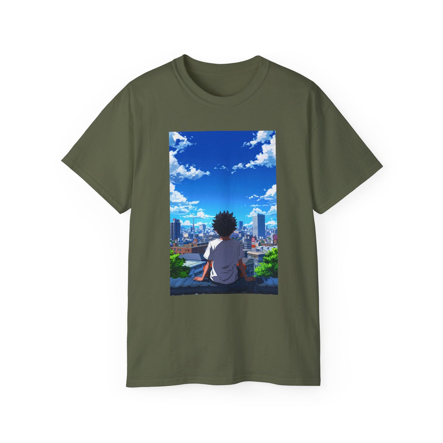 Anime Cityscape Tee — Boy Gazing at Blue Sky Graphic T-Shirt