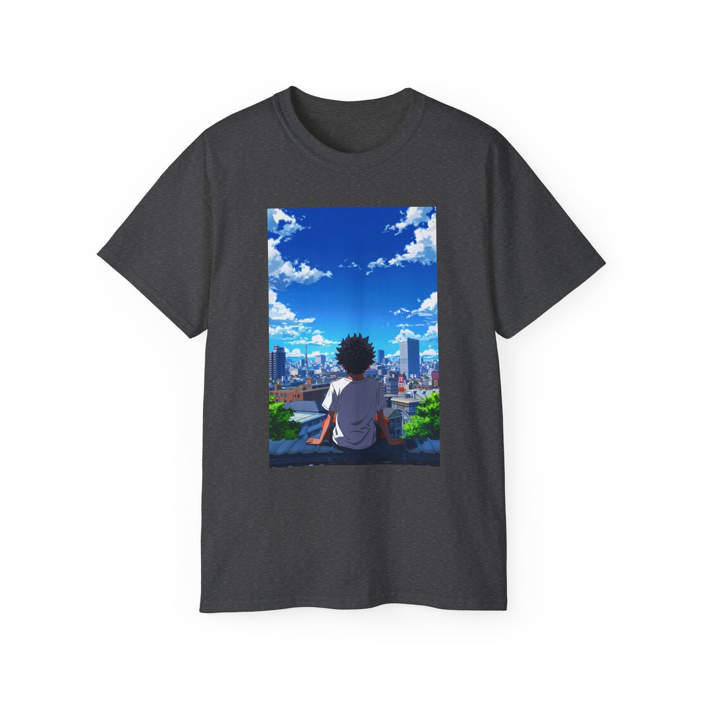 Anime Cityscape Tee — Boy Gazing at Blue Sky Graphic T-Shirt
