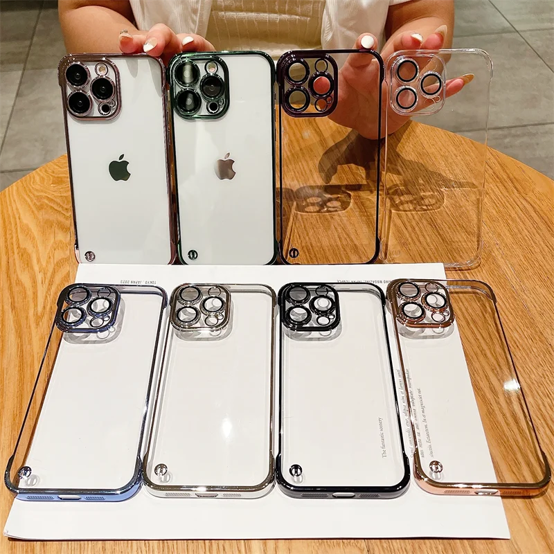 Frameless Luxury Plating Thin Case For iPhone 16 15 14 13 12 11 Pro Plus Max Promax Shockproof Lens Film Bumper Clear Hard Cover