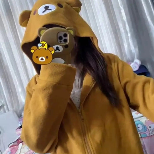 Kawaii Rilakkuma Coat Women Polar Fleece Hoodies Cute Zip Hoodies Fall Winter Clothes Woman Clothing Outerwears