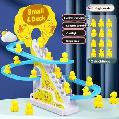 Electric Duck Climbing Stairs Toy Duck Track Racing Slide Music Roller Coaster Toys Children Gift Electronic Pets for Boys Girls
