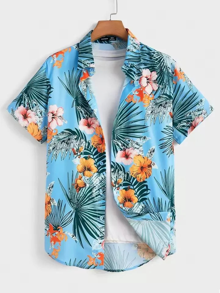 Hawaiian Botanical Flower Print Men's and Women's Short Sleeve Lapel Seaside Button-Down Shirt Top Casual Fashionable Shirts