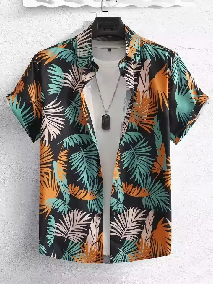 Hawaiian Botanical Flower Print Men's and Women's Short Sleeve Lapel Seaside Button-Down Shirt Top Casual Fashionable Shirts