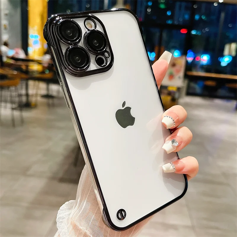 Frameless Luxury Plating Thin Case For iPhone 16 15 14 13 12 11 Pro Plus Max Promax Shockproof Lens Film Bumper Clear Hard Cover