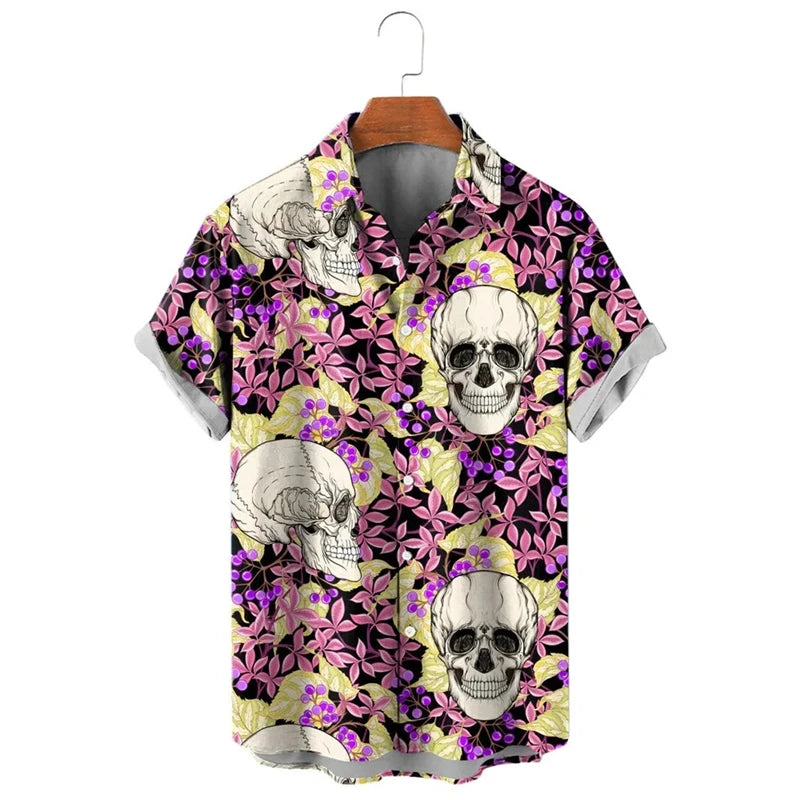 Punk Straw Hat Skull Graphic Shirts For Men Clothing Casual Hawaiian Vacation Short Sleeve Fashion Mens Beach Shirts Y2k Tops