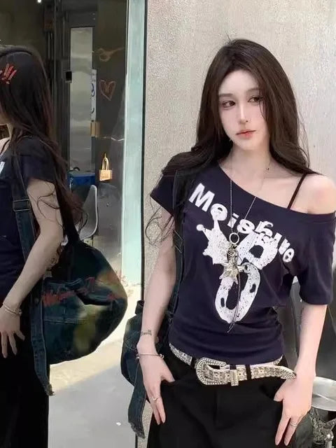 Retro American oulder Printed ort Sve T-irt Women's Summer Design Spicy Girl Slim Fit ort Length oulder Bared Top