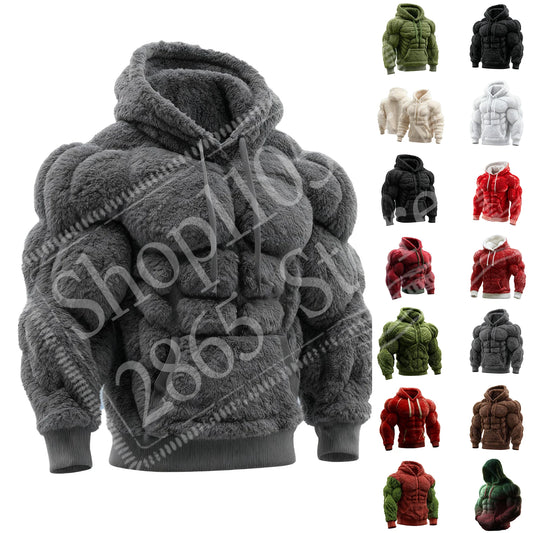2026 Men's Fashion Flannel Hoodie Pullover Abdominal Muscle Design Sportswear Autumn Winter Casual Long Sleeve Hooded Sweatshirt