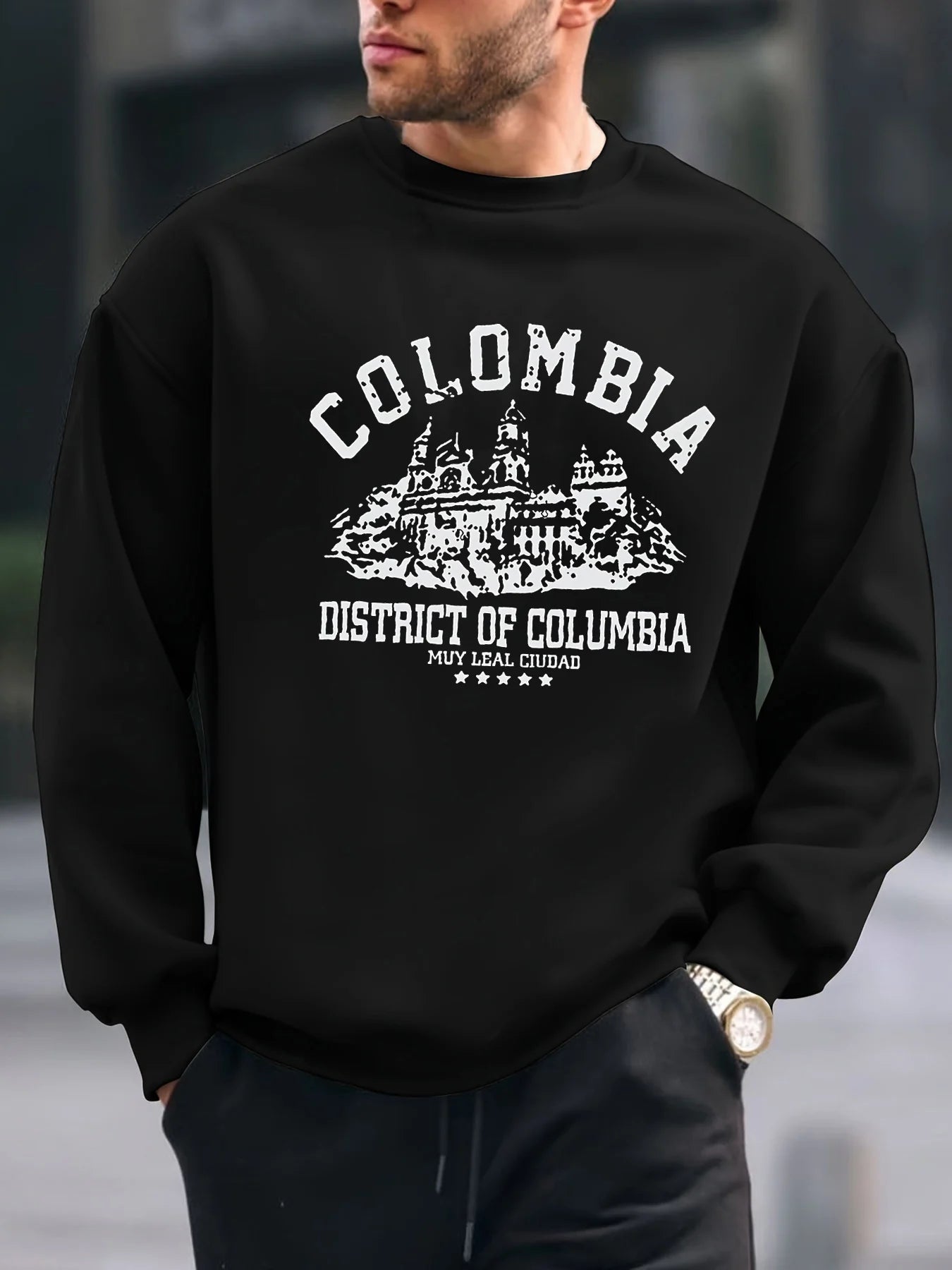 Men's autumn and winter warm casual loose Colombian architectural pattern printed long sleeved round neck sweatshirt