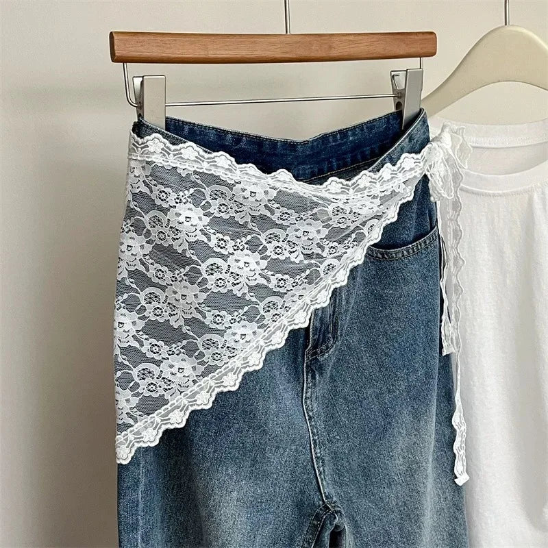 Korean Style Lace Embroidery Belt with Detachable Scarf Layering Accessory for Tulle Skirts Elegant Waist Chain with Floral