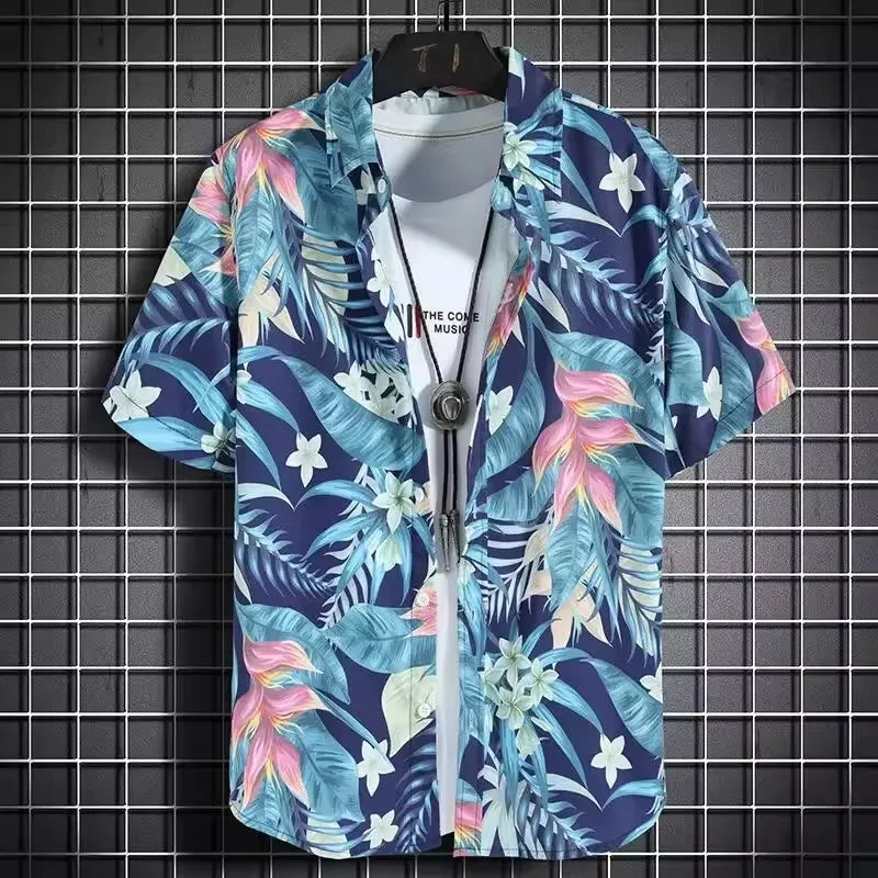 Hawaiian Botanical Flower Print Men's and Women's Short Sleeve Lapel Seaside Button-Down Shirt Top Casual Fashionable Shirts