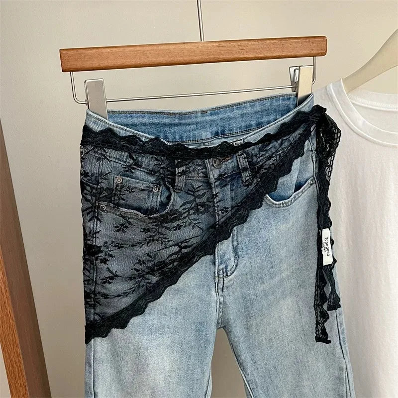 Korean Style Lace Embroidery Belt with Detachable Scarf Layering Accessory for Tulle Skirts Elegant Waist Chain with Floral