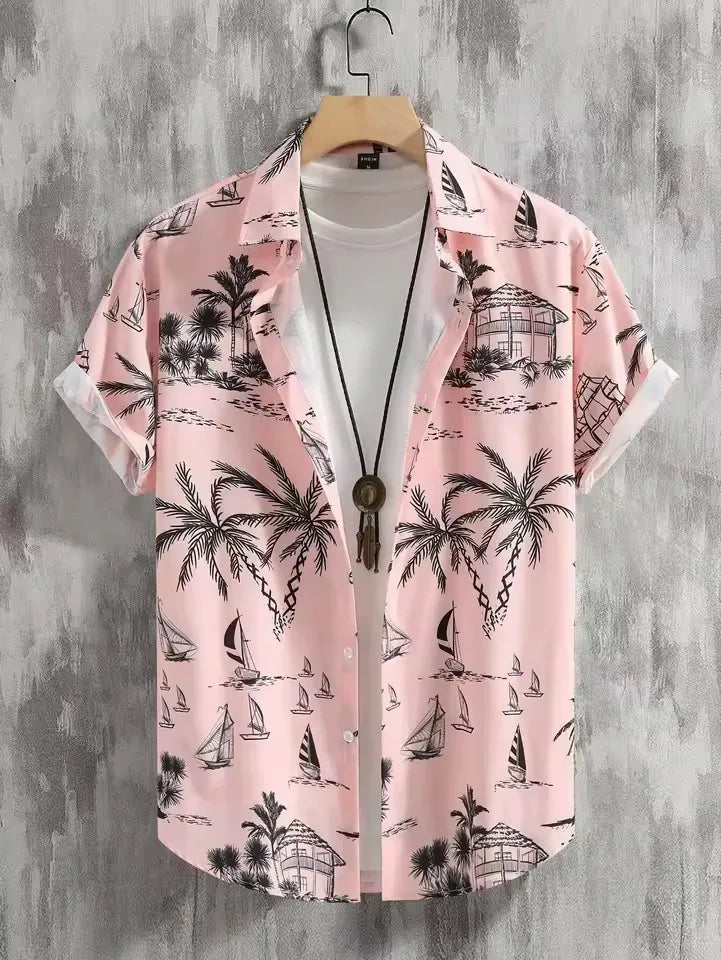 Hawaiian Botanical Flower Print Men's and Women's Short Sleeve Lapel Seaside Button-Down Shirt Top Casual Fashionable Shirts