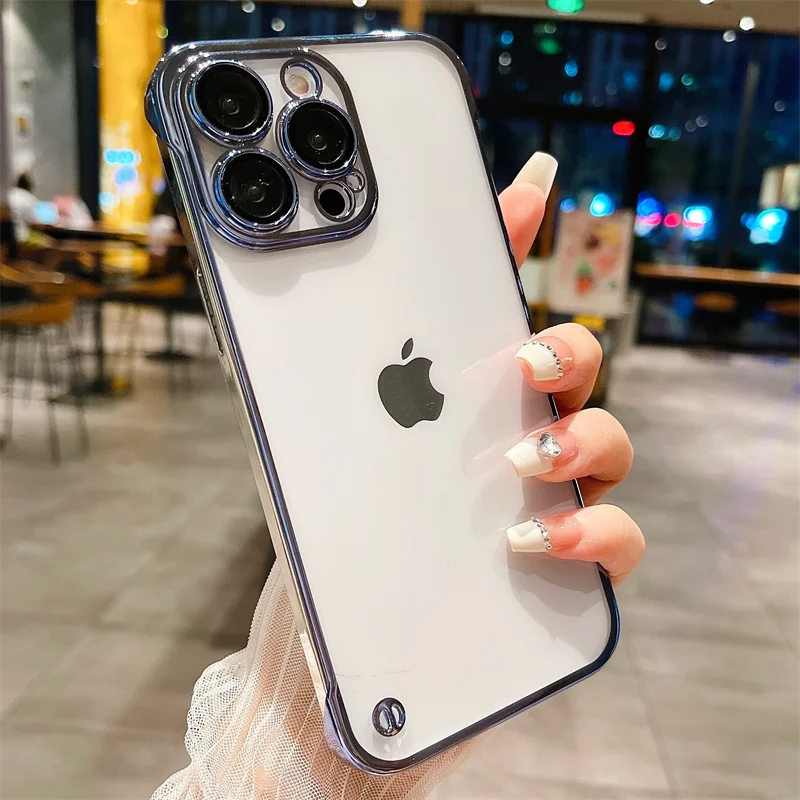 Frameless Luxury Plating Thin Case For iPhone 16 15 14 13 12 11 Pro Plus Max Promax Shockproof Lens Film Bumper Clear Hard Cover