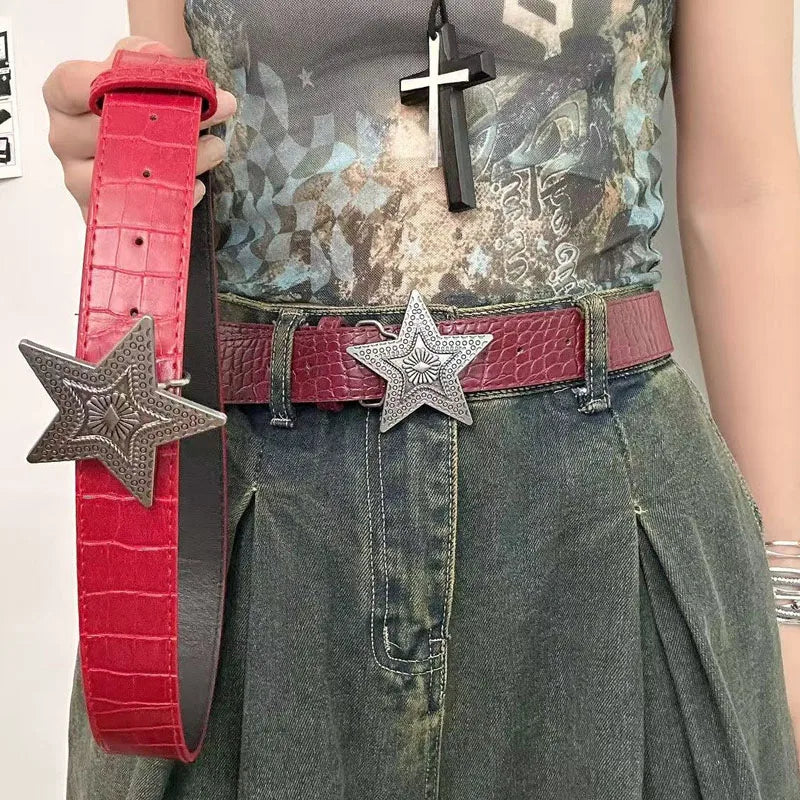Gothic Punk Star Wine Red Leather Belt Vintage Fashion Trend Personalized Subculture for Spicy Girls Five-pointed Star Waistband