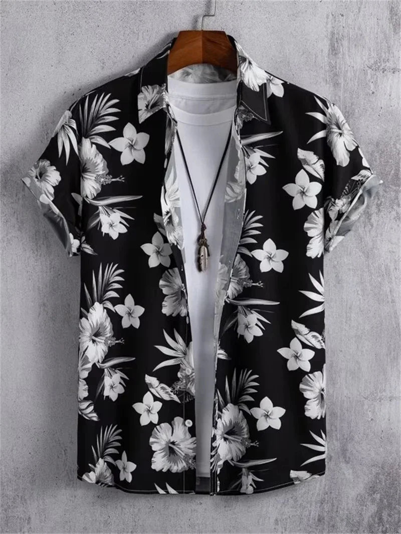 Hawaiian Botanical Flower Print Men's and Women's Short Sleeve Lapel Seaside Button-Down Shirt Top Casual Fashionable Shirts