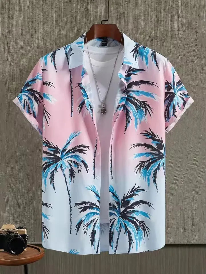 Hawaiian Botanical Flower Print Men's and Women's Short Sleeve Lapel Seaside Button-Down Shirt Top Casual Fashionable Shirts
