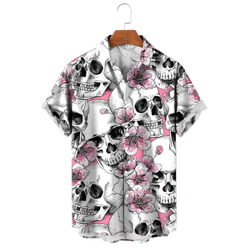 Punk Straw Hat Skull Graphic Shirts For Men Clothing Casual Hawaiian Vacation Short Sleeve Fashion Mens Beach Shirts Y2k Tops