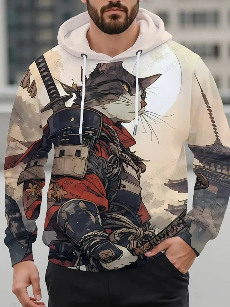 Men's Samurai Cat 3d Print Graphic Hoodies Men Fashion Oversized Hoodie Sweatshirt Coat Sweat Mens Clothes Sudaderas