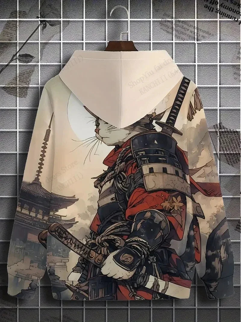 Men's Samurai Cat 3d Print Graphic Hoodies Men Fashion Oversized Hoodie Sweatshirt Coat Sweat Mens Clothes Sudaderas