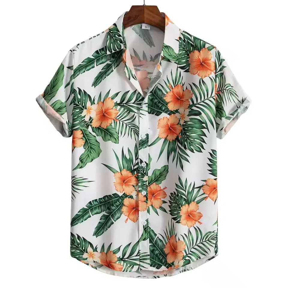 Hawaiian Botanical Flower Print Men's and Women's Short Sleeve Lapel Seaside Button-Down Shirt Top Casual Fashionable Shirts