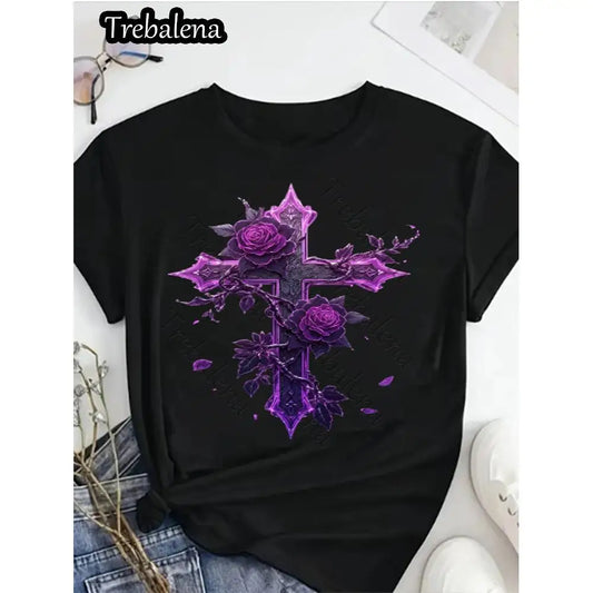 Trebalena Round Neck T-shirt 100% Cotton Purple Rose Cross Gothic Style Plus Size Women T Shirt Vintage Graphic Tee For Ladies