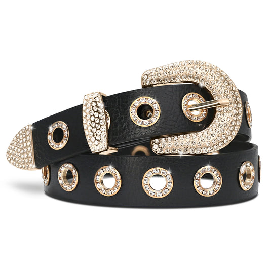 Women Fashion Punk Faux Leather Grommet Belt Vintage Studded Rhinestone Rock Belts For Jeans Dress Pants