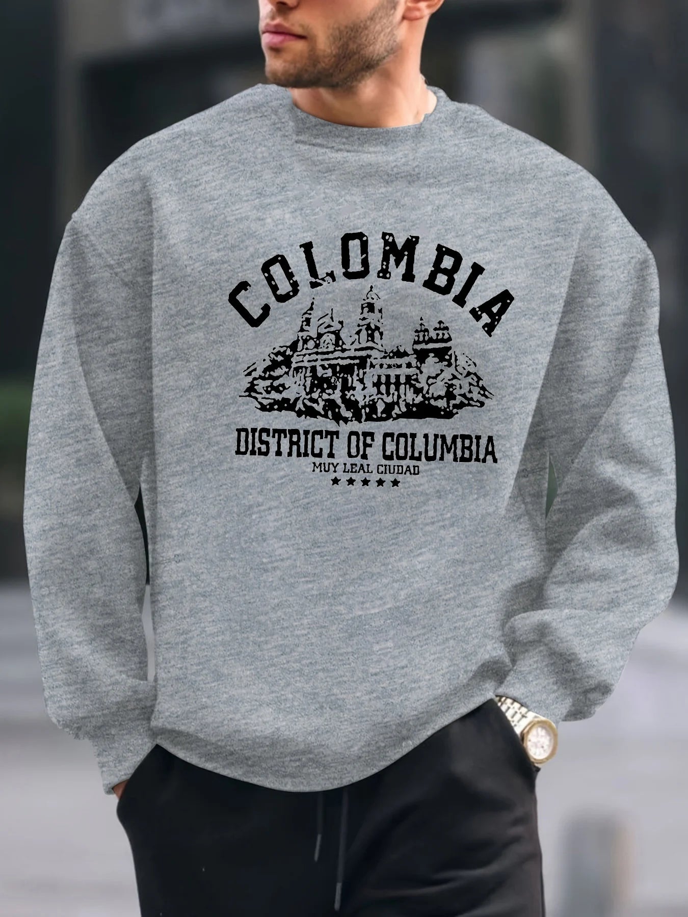 Men's autumn and winter warm casual loose Colombian architectural pattern printed long sleeved round neck sweatshirt