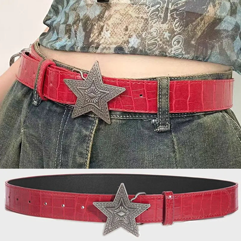 Gothic Punk Star Wine Red Leather Belt Vintage Fashion Trend Personalized Subculture for Spicy Girls Five-pointed Star Waistband