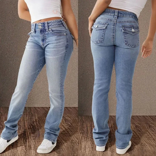 Jeans Pencil Pants Women Vintage Denims Mid Waist Strecth Pockets Buttons Washed Distressed 2025 Streetwear Straight Trousers