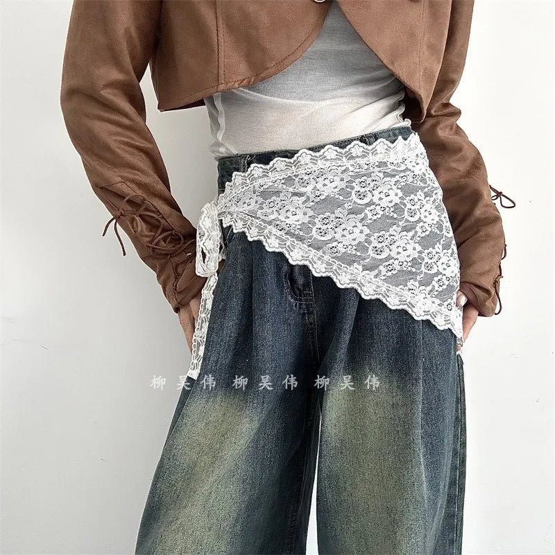 Korean Style Lace Embroidery Belt with Detachable Scarf Layering Accessory for Tulle Skirts Elegant Waist Chain with Floral