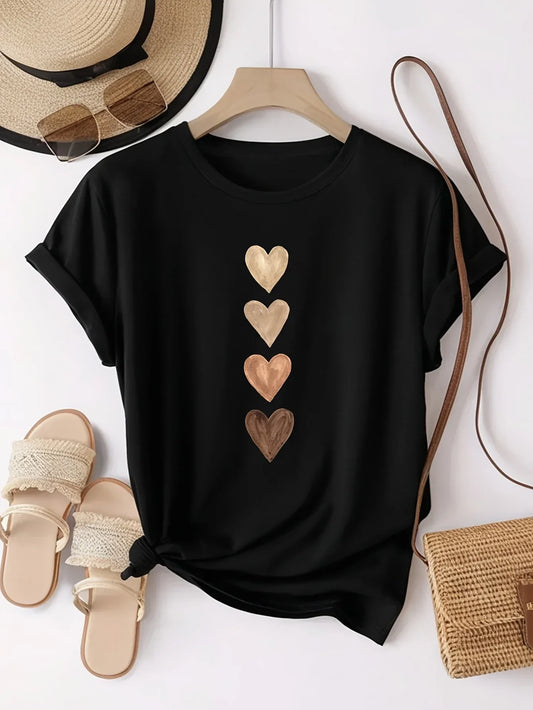 Elegant Women Loose T Shirts Gradient Metallic Heart Print White Casual Graphic Tees Soft Comfort Trendy Daily Fashion Tops